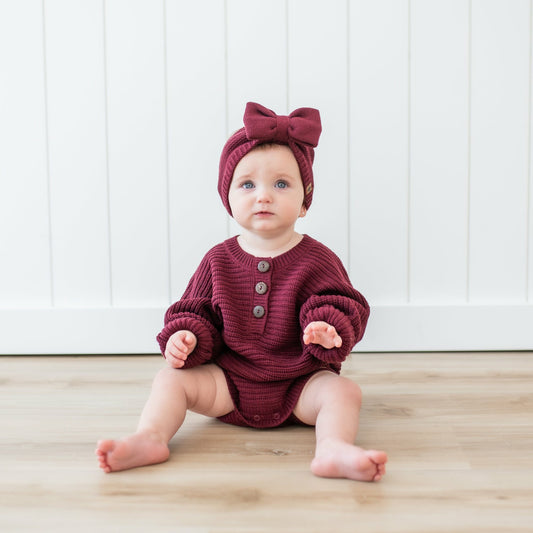 Kyte Baby Chunky Knit Romper in Burgundy