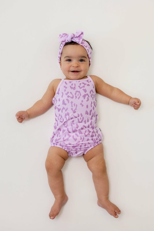 Kyte Baby Spaghetti Strap Leotard in Thistle Leopard