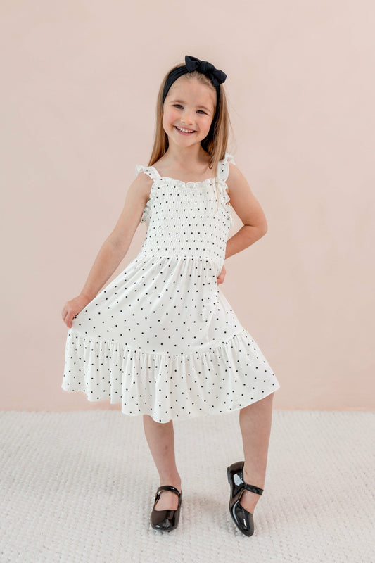 Kyte Baby Smocked Dress in Midnight Polka Dot