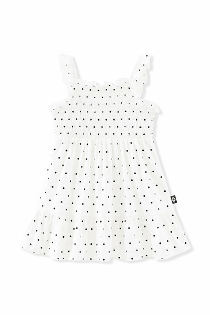 Kyte Baby Smocked Dress in Midnight Polka Dot