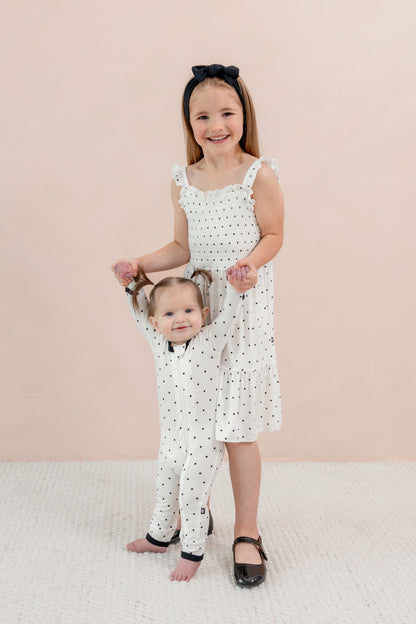 Kyte Baby Smocked Dress in Midnight Polka Dot