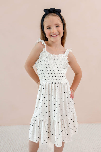 Kyte Baby Smocked Dress in Midnight Polka Dot