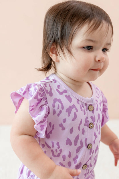 Kyte Baby Flutter Sleeve Romper in Thistle Leopard