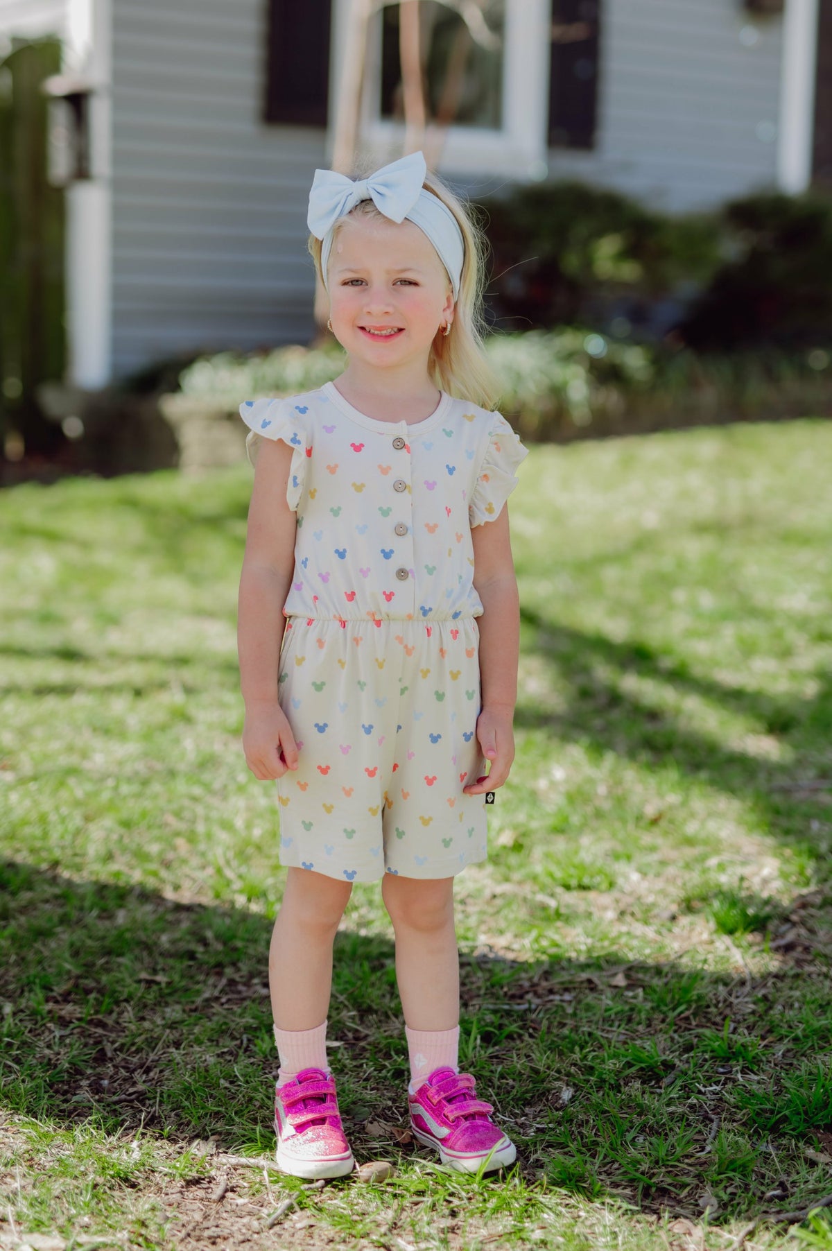 Kyte Baby Flutter Sleeve Romper in Pastel Mickey Mouse