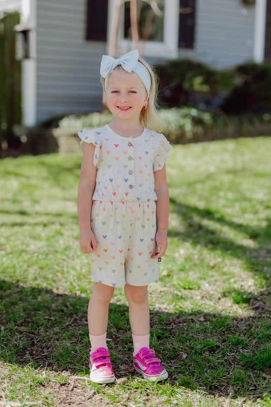 Kyte Baby Flutter Sleeve Romper in Pastel Mickey Mouse