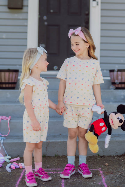 Kyte Baby Flutter Sleeve Romper in Pastel Mickey Mouse