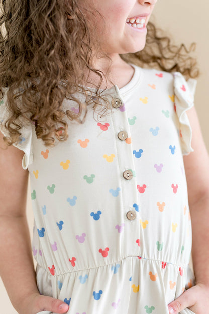 Kyte Baby Flutter Sleeve Romper in Pastel Mickey Mouse