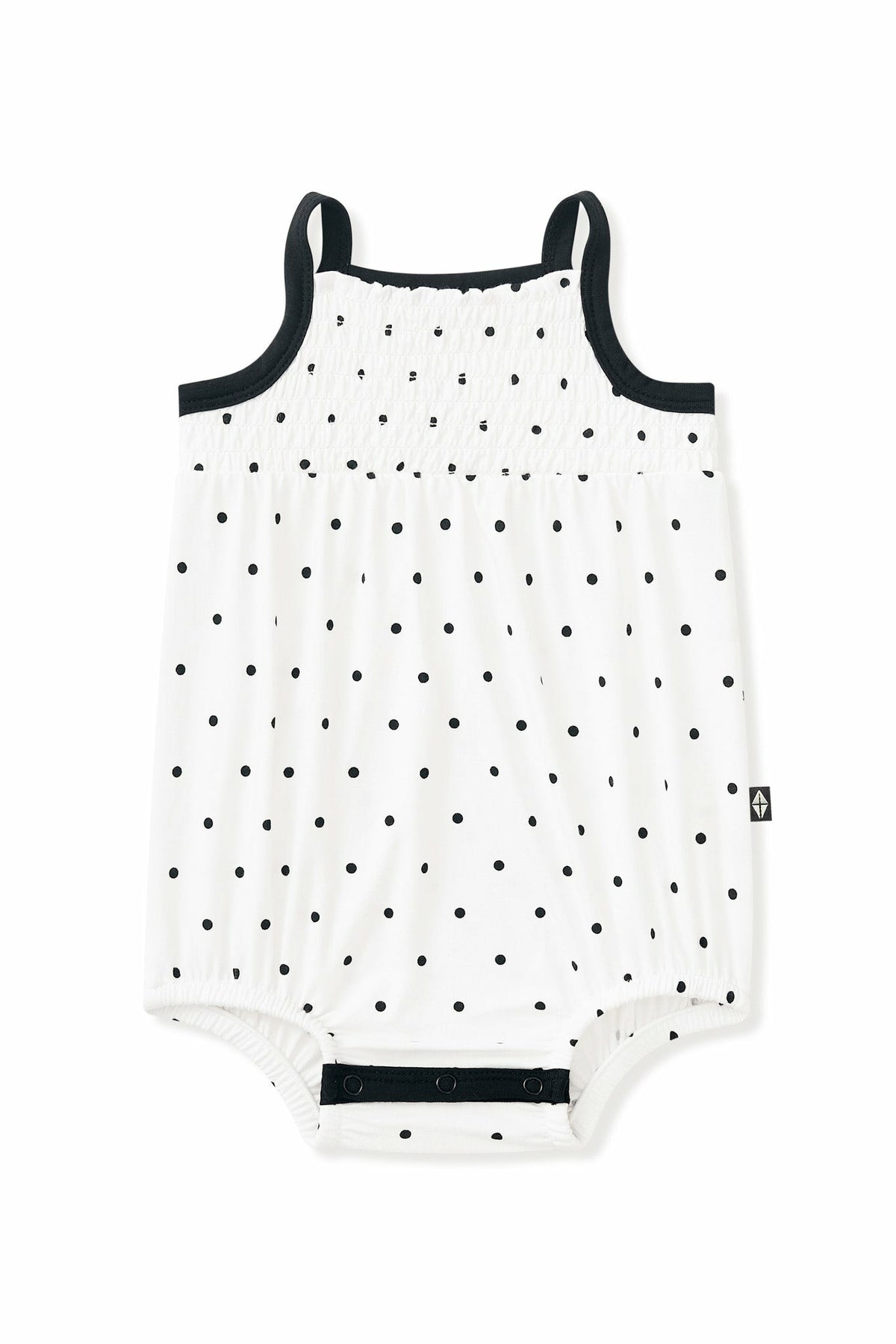 Kyte Baby Smocked Bubble Romper in Midnight Polka Dot