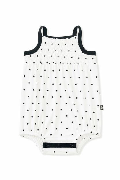 Kyte Baby Smocked Bubble Romper in Midnight Polka Dot
