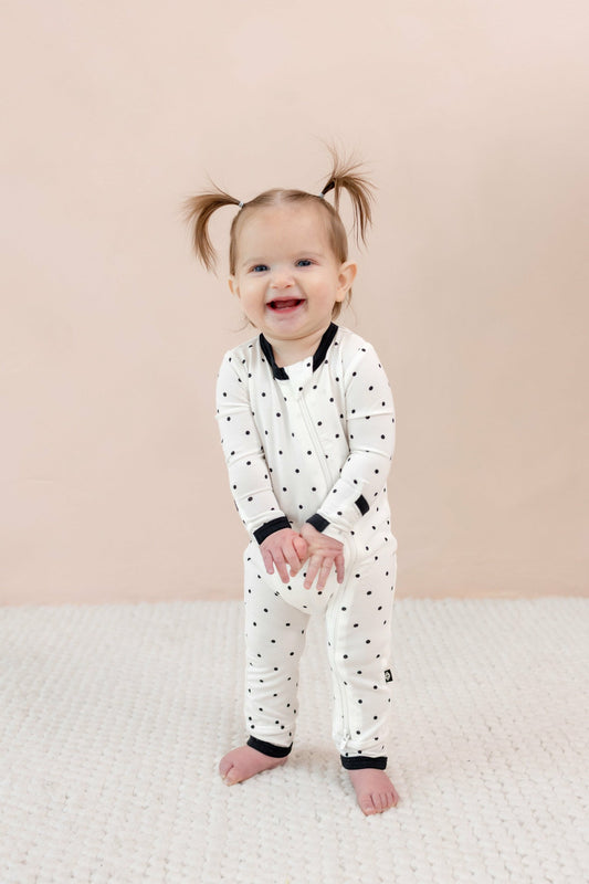 Kyte Baby Zippered Romper in Midnight Polka Dot