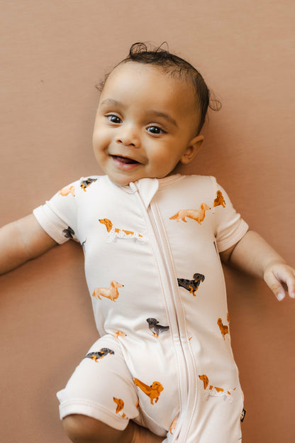 Kyte Baby Zipper Shortall Romper in Dachshund