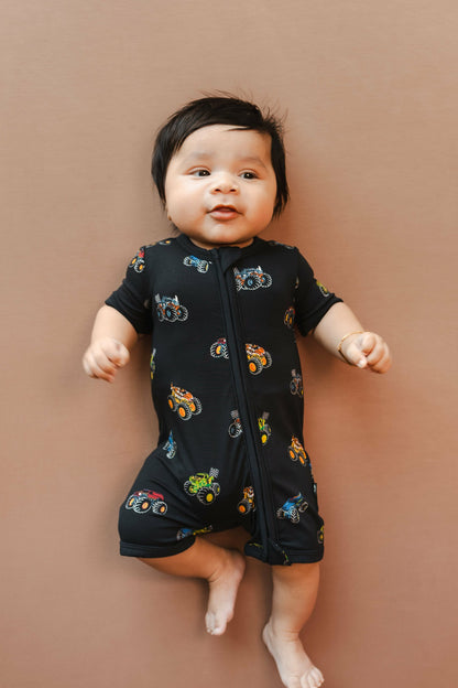 Kyte Baby Zipper Shortall Romper in Monster Truck