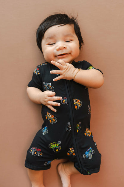 Kyte Baby Zipper Shortall Romper in Monster Truck