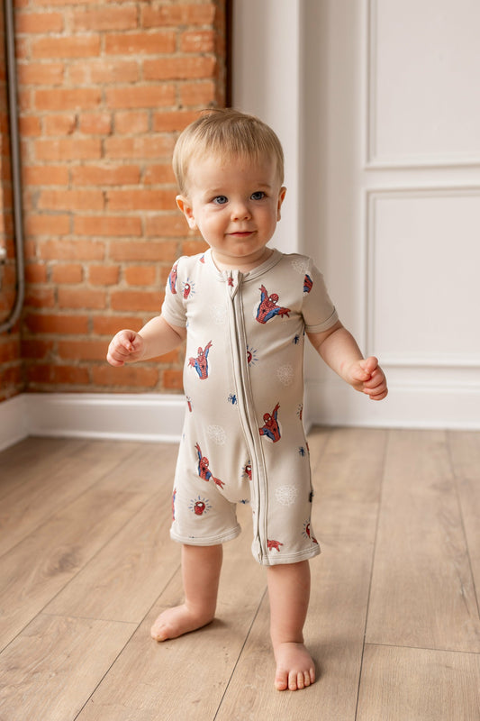 Kyte Baby Zipper Shortall Romper in Spider-Man
