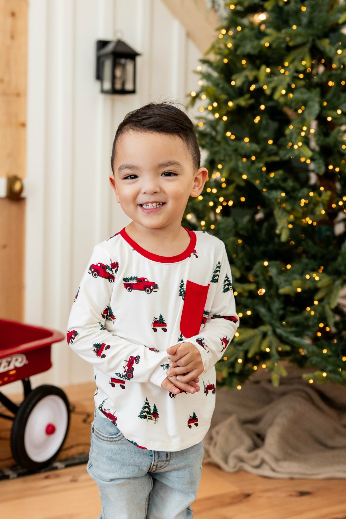 Kyte Baby Long Sleeve Toddler Crew Neck Tee in Holiday Tree Farm