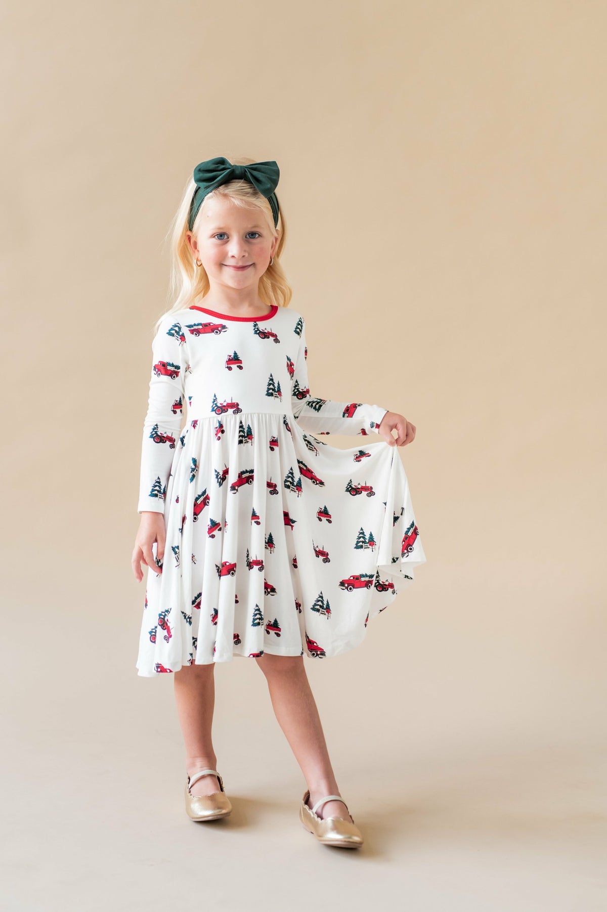 Kyte Baby Long Sleeve Twirl Dress in Holiday Tree Farm