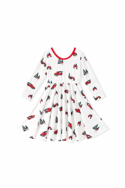Kyte Baby Long Sleeve Twirl Dress in Holiday Tree Farm