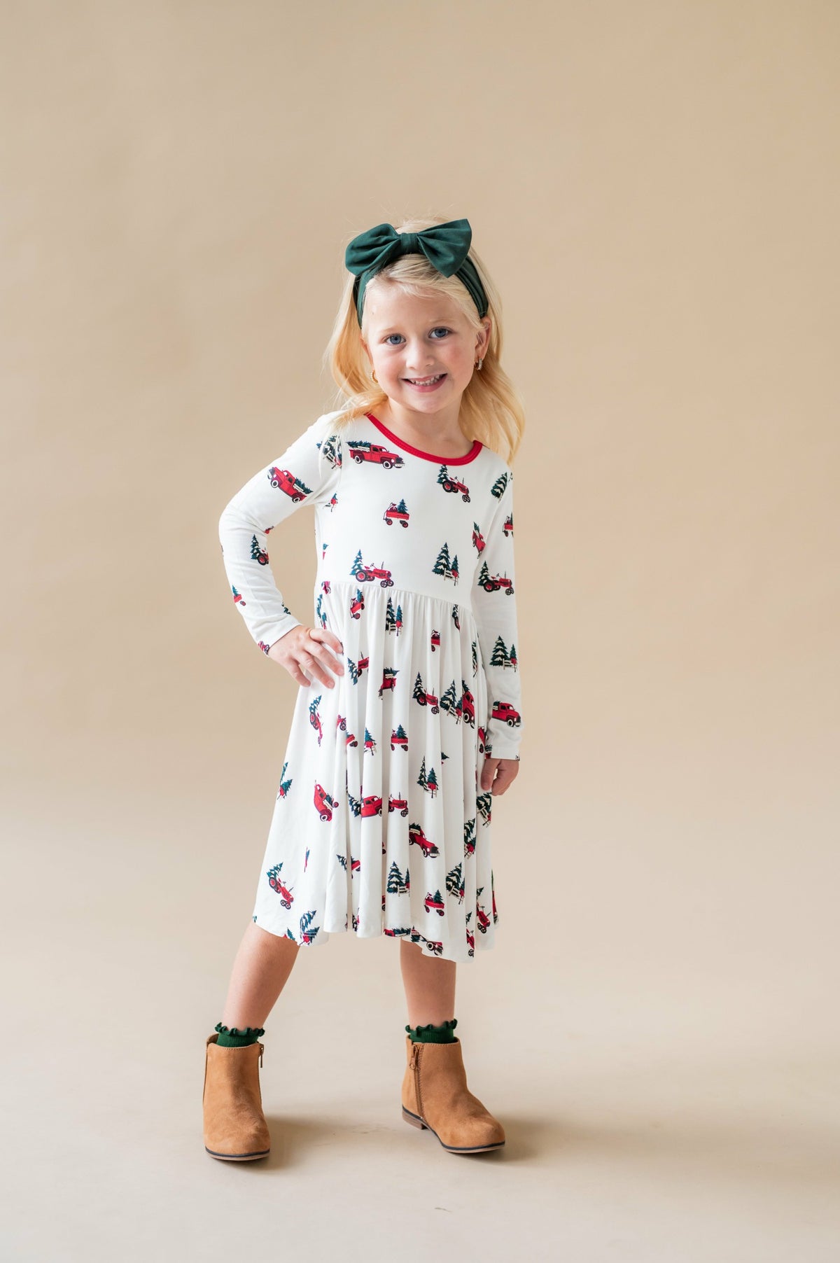 Kyte Baby Long Sleeve Twirl Dress in Holiday Tree Farm