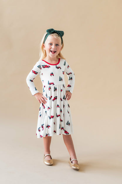 Kyte Baby Long Sleeve Twirl Dress in Holiday Tree Farm